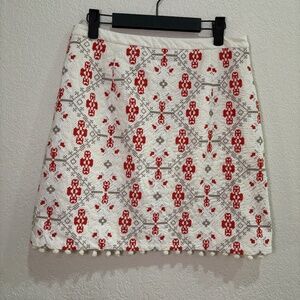 Maeve Size 4 Anthropologie Embroidered‎ Skirt White Red Pom Pom Hem